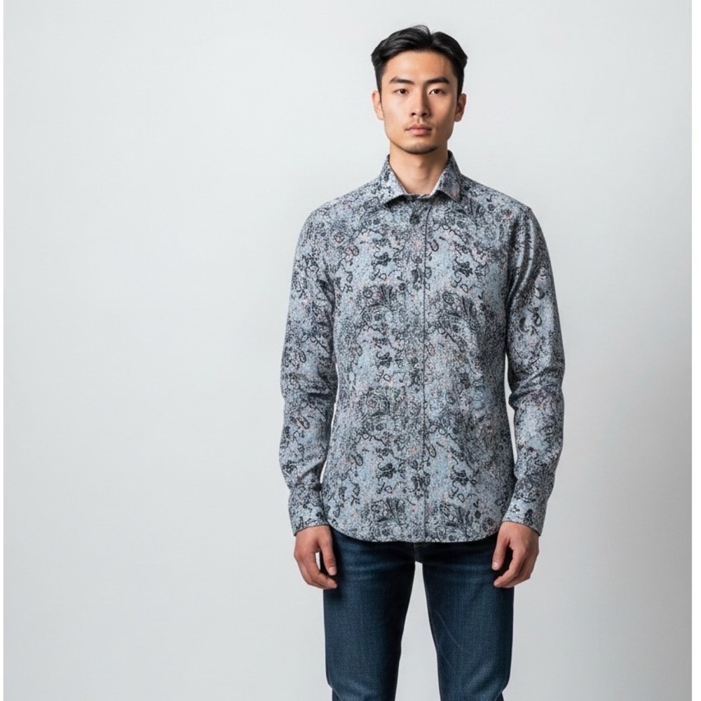 Eight X Premium Mens Slim Fit Paisley Jacquard‎ Button Down Shirt Blue Small